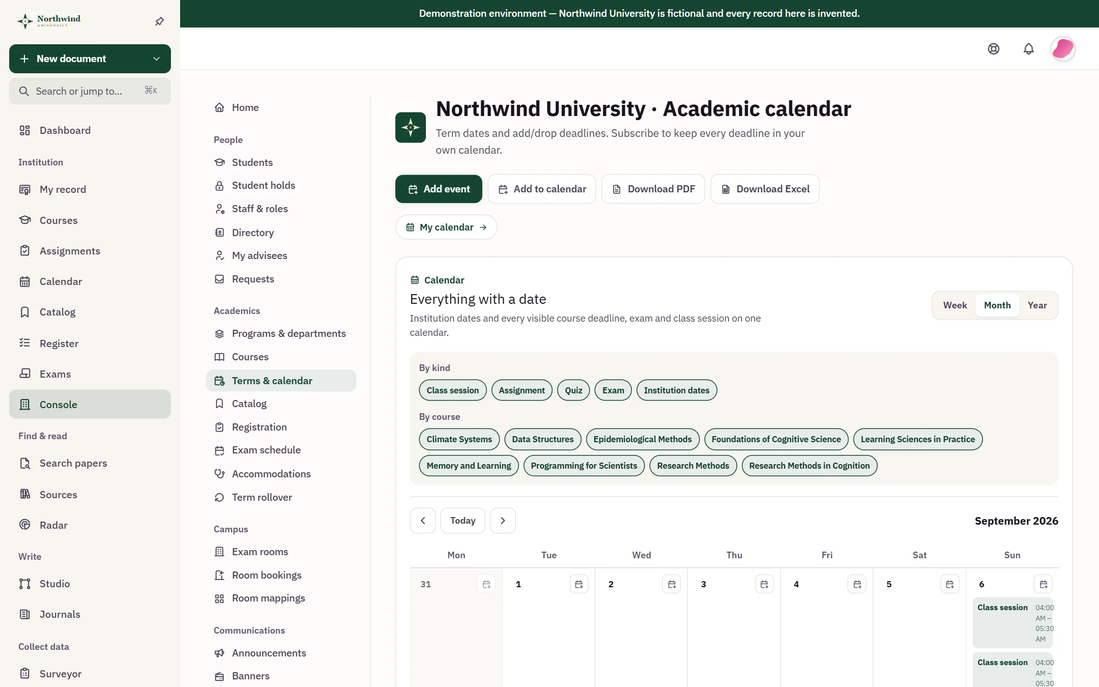 The academic calendar: term dates, deadlines, exams and class sessions across every course, filterable by kind and course