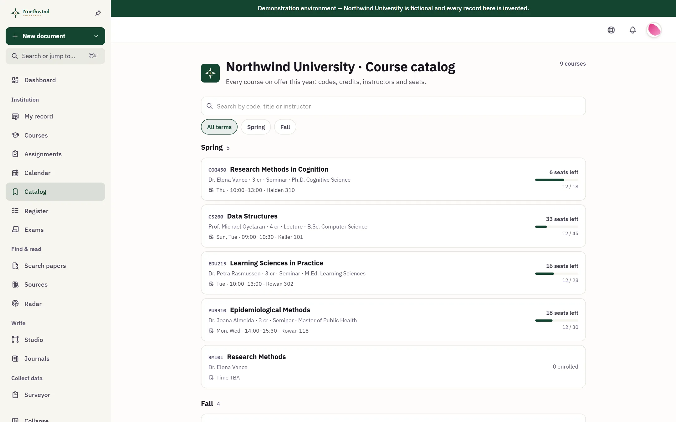 The Northwind University course catalog for the spring term, each course with its instructor, schedule, room and seats left