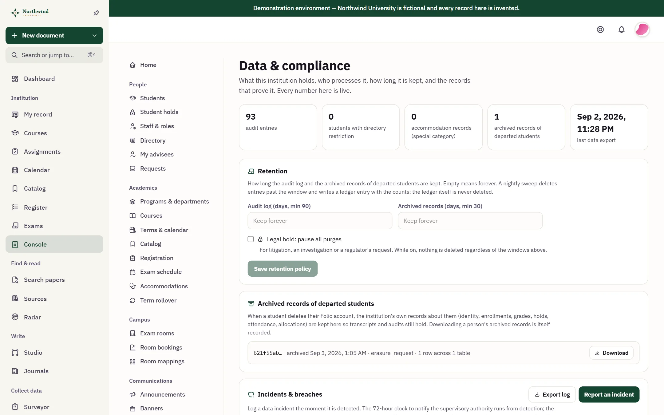 Data and compliance: retention periods, a legal hold switch, archived records of departed students and an incident log