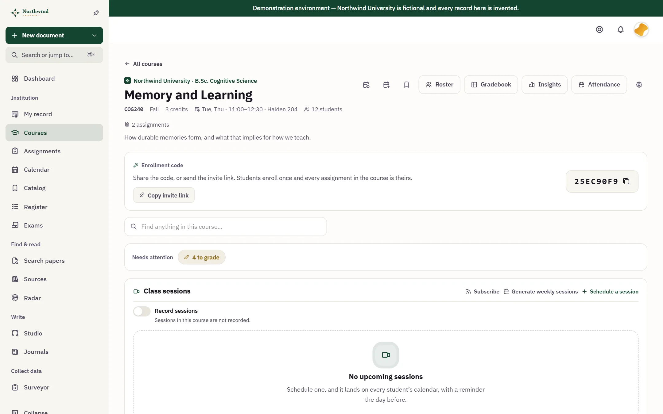 A course page for Memory and Learning, with its enrollment code, invite link, assignments waiting to be graded and class sessions