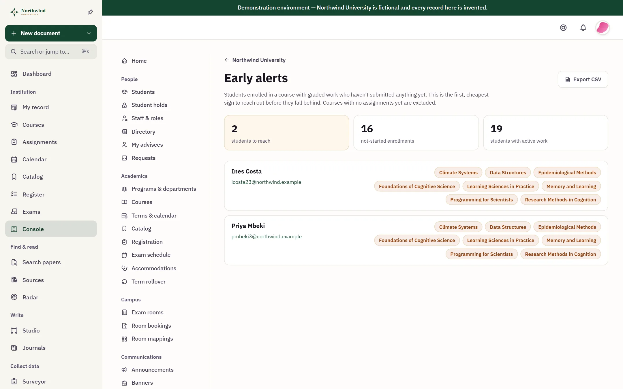 Early alerts: students enrolled in graded courses who have not submitted anything yet, listed with their courses