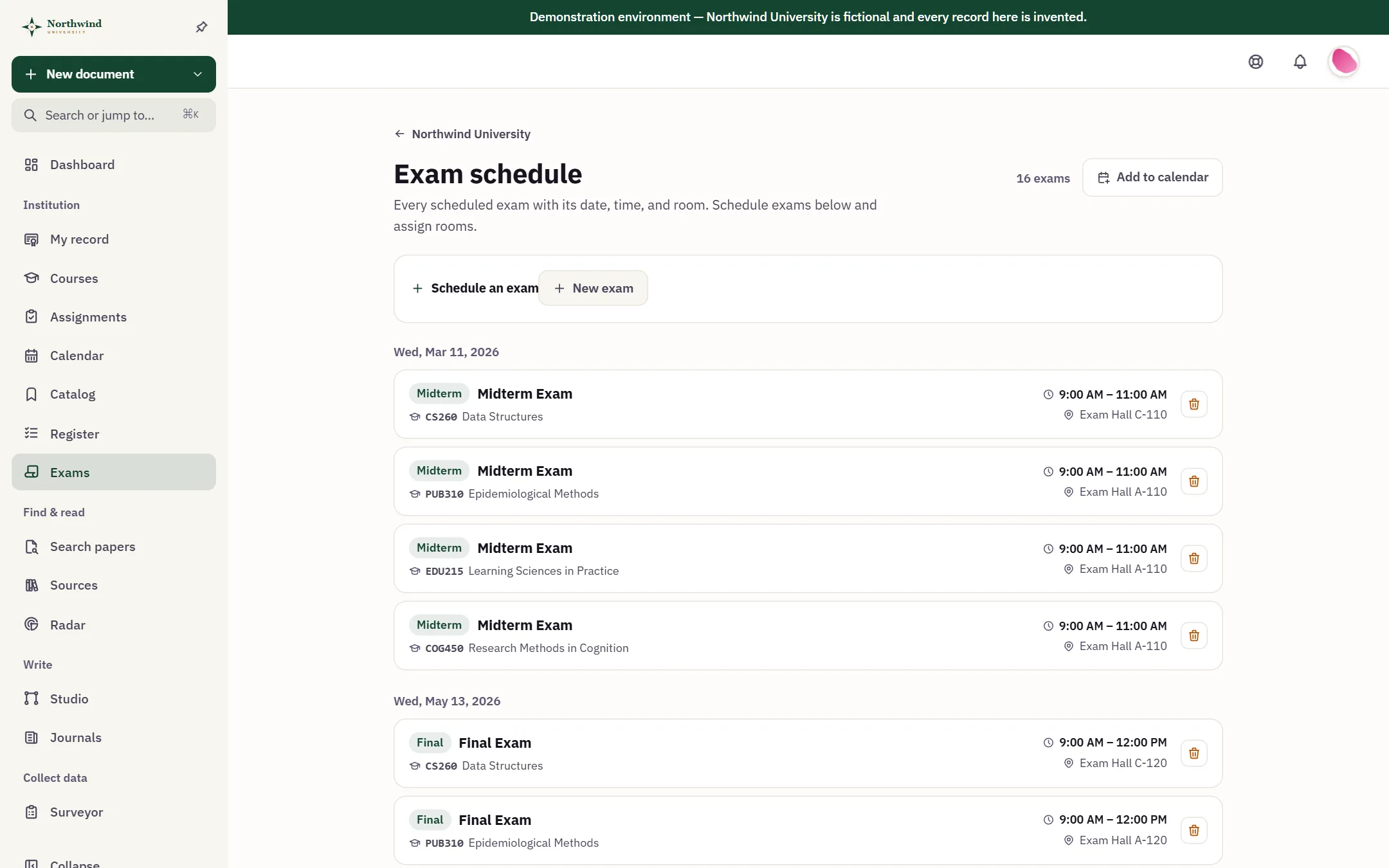 The exam schedule: midterm and final exams by date, each with its time and exam hall