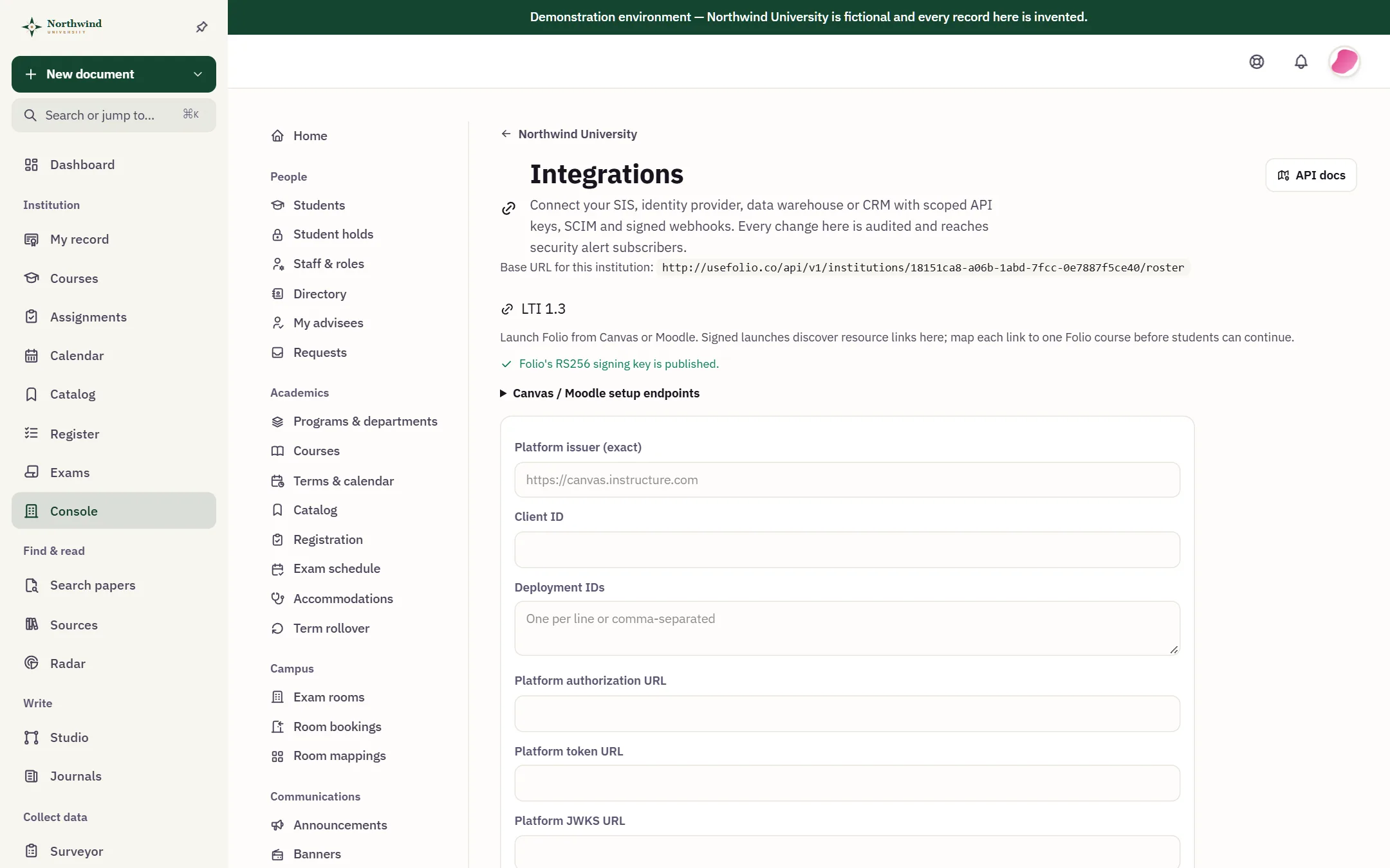 Integrations: the LTI 1.3 setup for launching Folio from an existing learning platform, with the published signing key