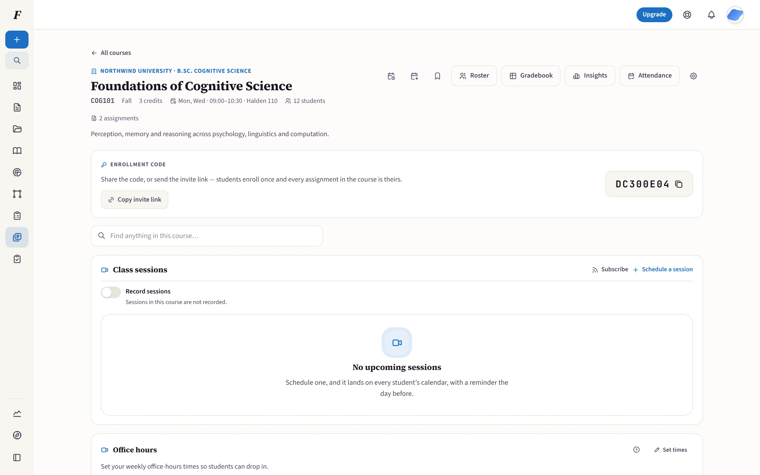 Folio course page for Foundations of Cognitive Science, with roster, gradebook, attendance, enrollment and class-session controls.