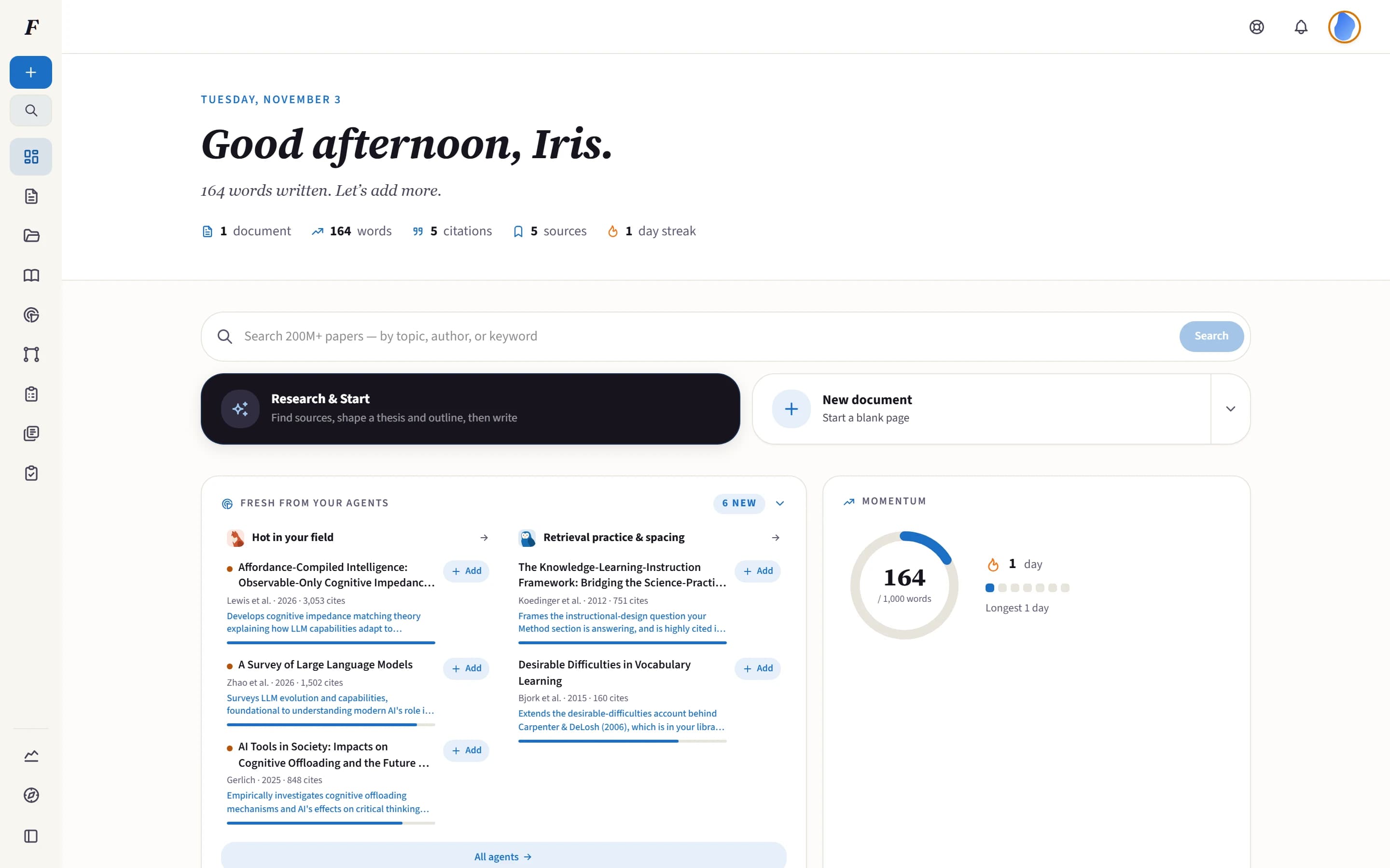 Folio dashboard bringing documents, citations, sources and research agents into one workspace.
