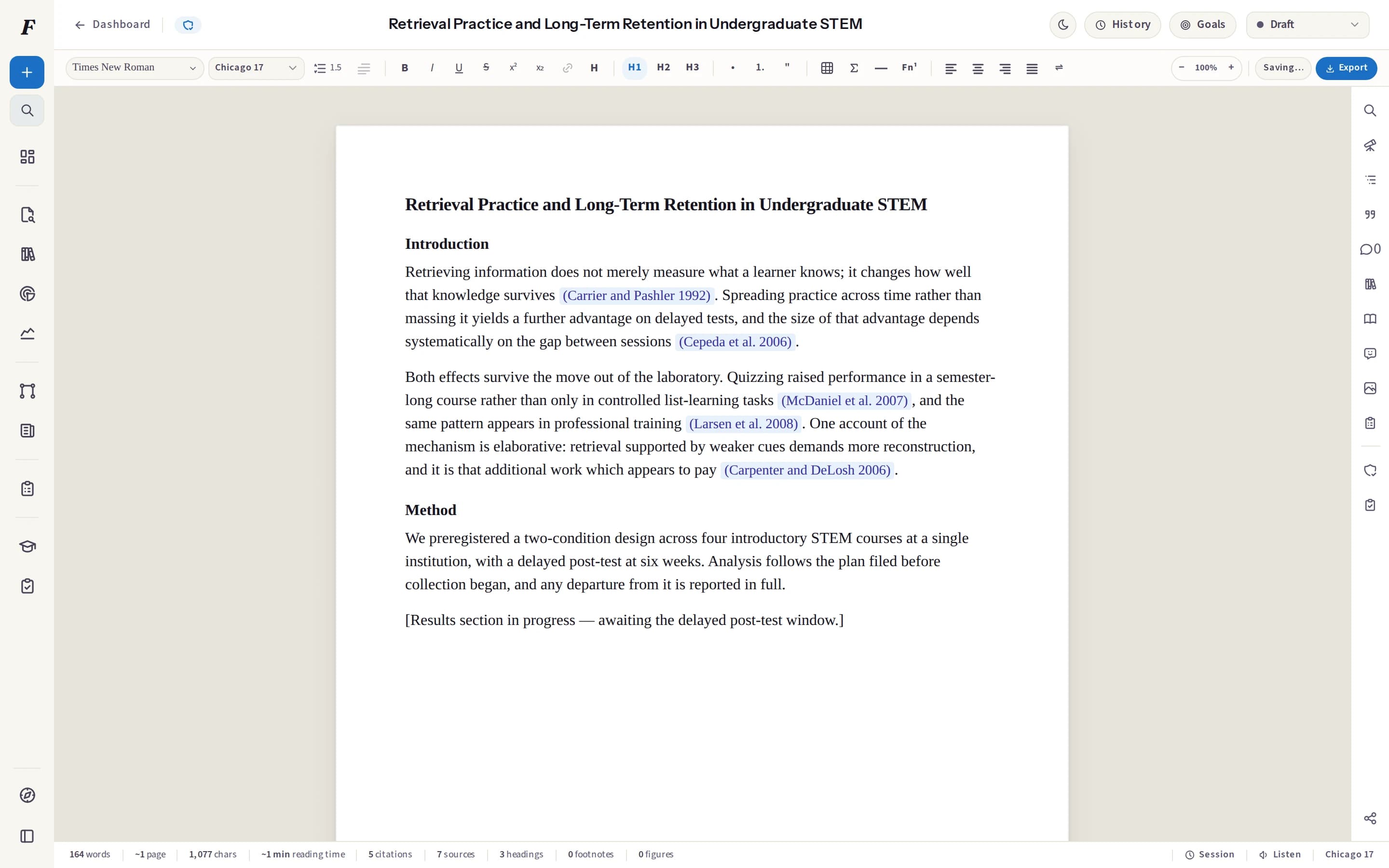 A research draft open in Folio’s editor, with citations, document history and review tools alongside the manuscript.