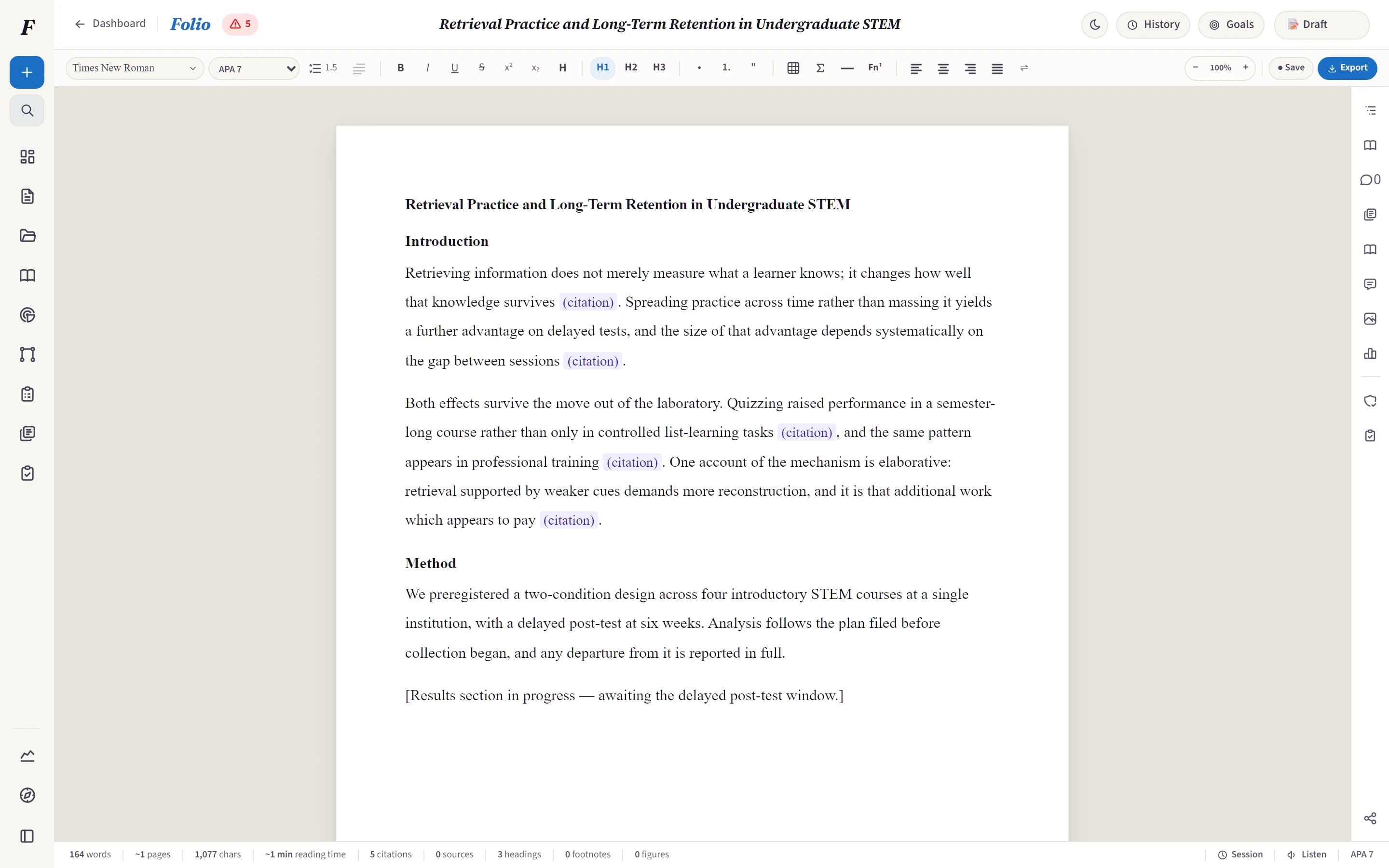 A research draft in Folio’s editor with live inline citation markers and document-history controls.