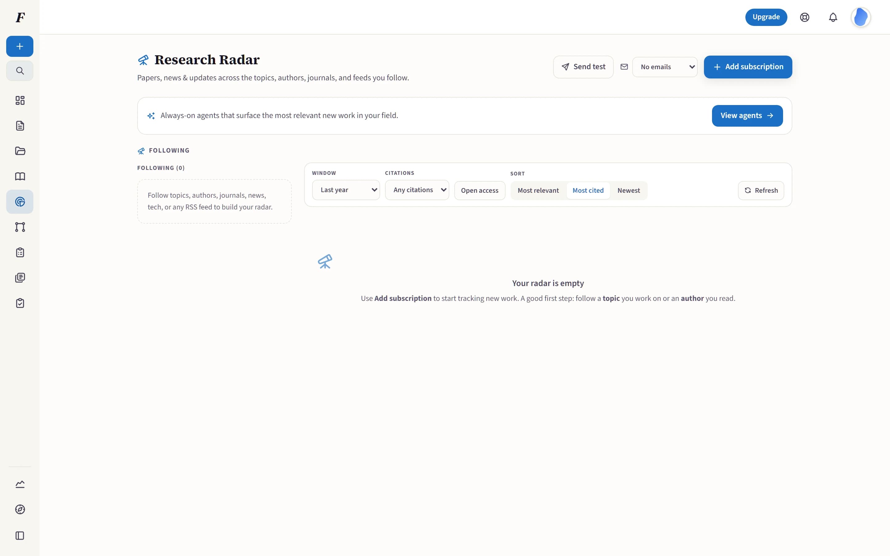 Folio Research Radar workspace with research-agent controls, literature filters and a feed scan in progress.