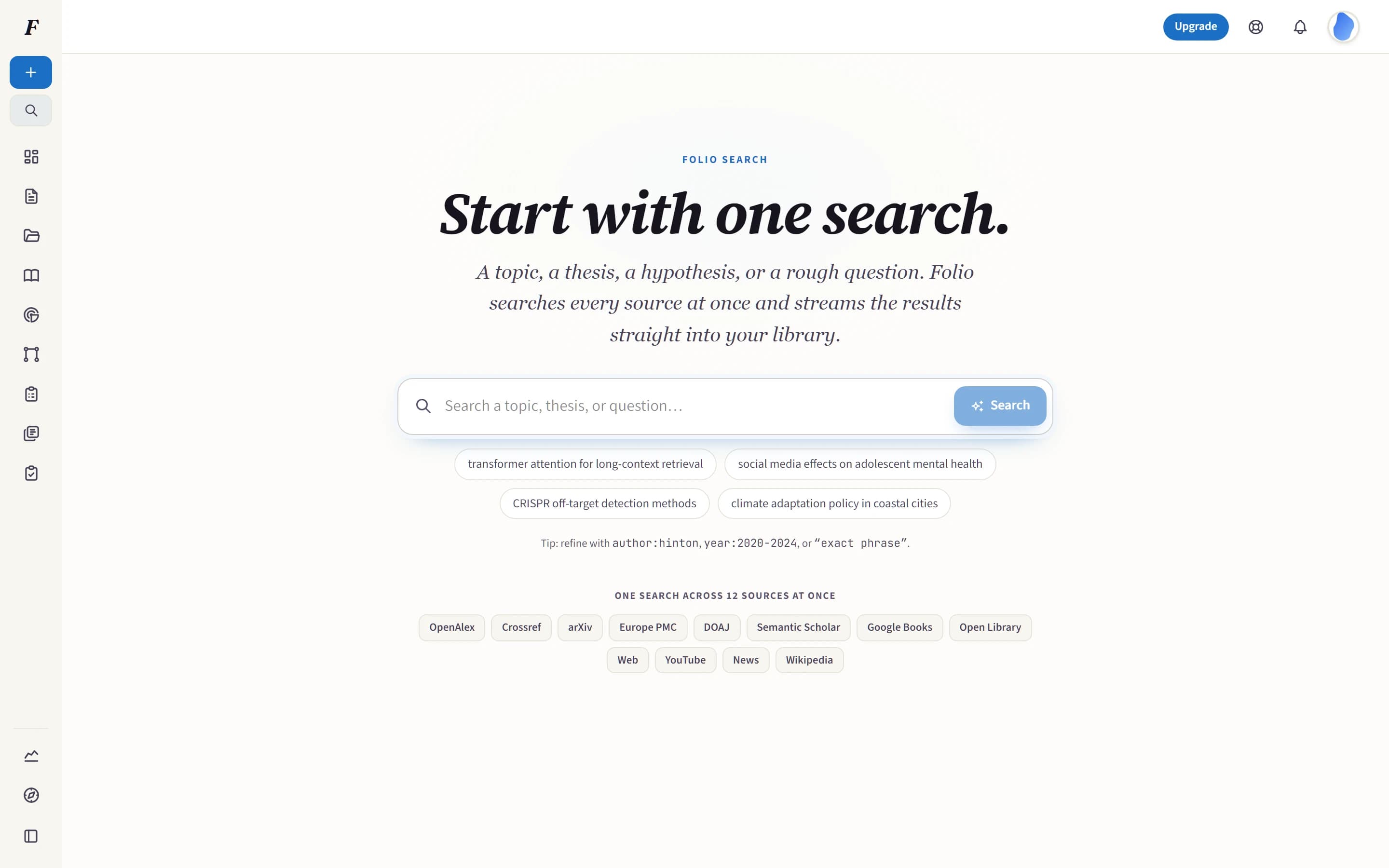 Folio Search starting screen with one research query spanning twelve academic, book, web and video sources.